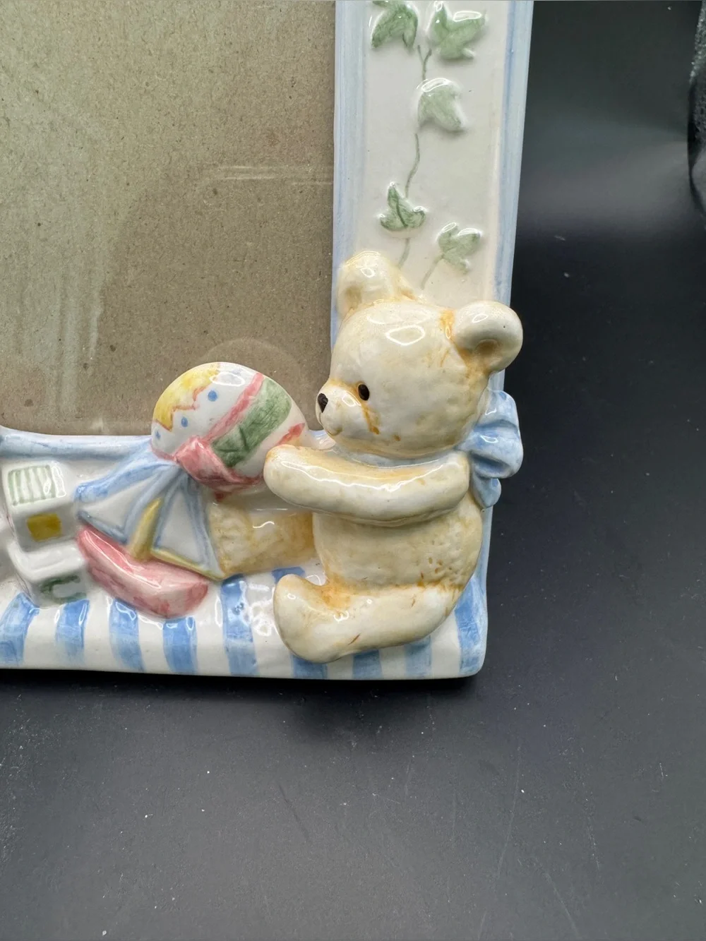 Vintage C.R. Gibson Nursery Ceramic 5x7 Picture Frame with Bunny, Bear - Pastel